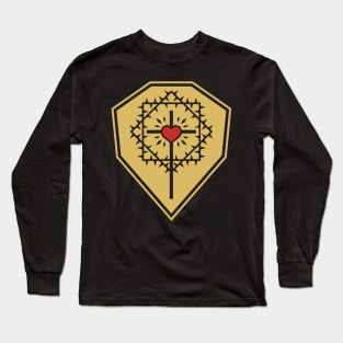 The cross of Jesus Christ with a heart framed by a crown of thorns against the background of a shield. Long Sleeve T-Shirt